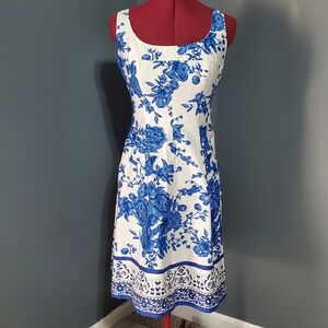 New Directions Blue and White Floral Fit and Flare Midi Dress Size 12P